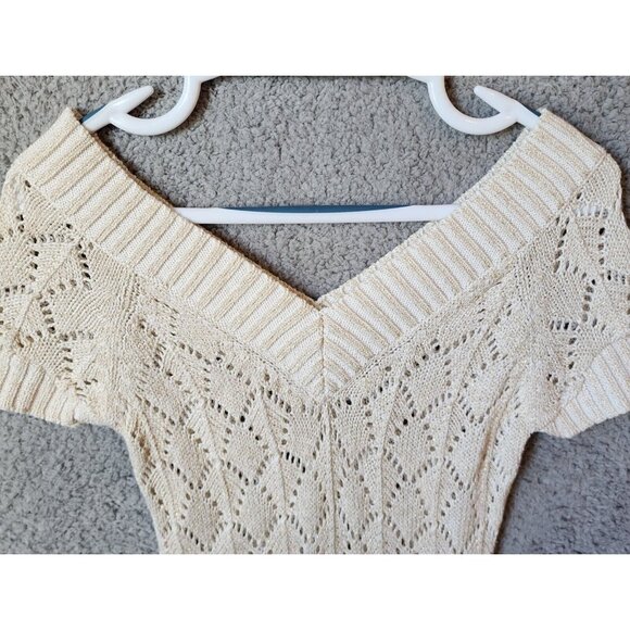 Vtg Y2K Cache Short Sleeve V Neck Open Knit Long Sweater Top Ivory Metallic XS - Picture 2 of 11
